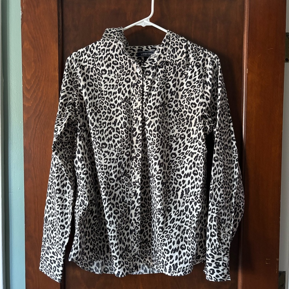 Lands' End Black and White Leopard Print Button Down Shirt